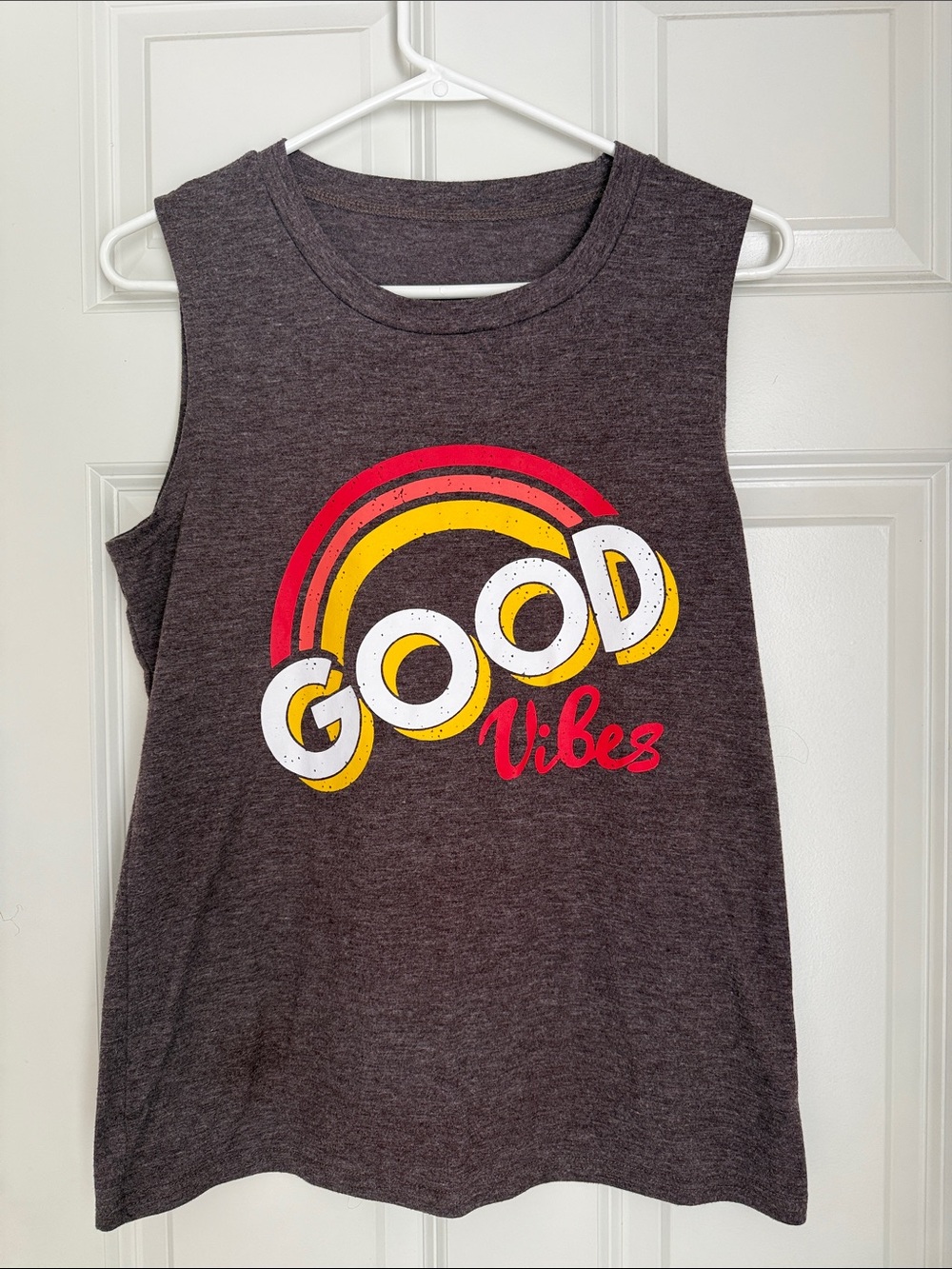 Women’s Good Vibes Graphic Tank Top - Charcoal with Red & Yellow Print